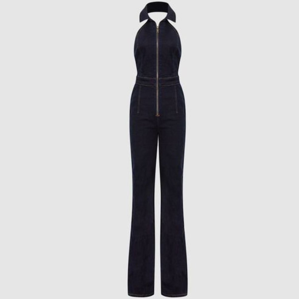 Reiss Pennie Denim Halter Jumpsuit - Blue Color  - Brand New US10